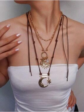 Set- Gold and Brown Layered Moon & Sun Pendant Necklace - Women's Jewelry